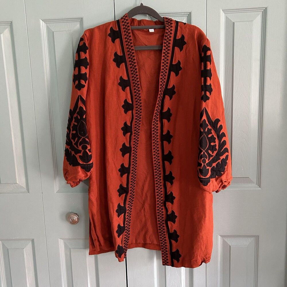 Chico’s Womens Woven Orange Black Cardigan Medium‎ Boho Witchy Whimsigoth Hippie